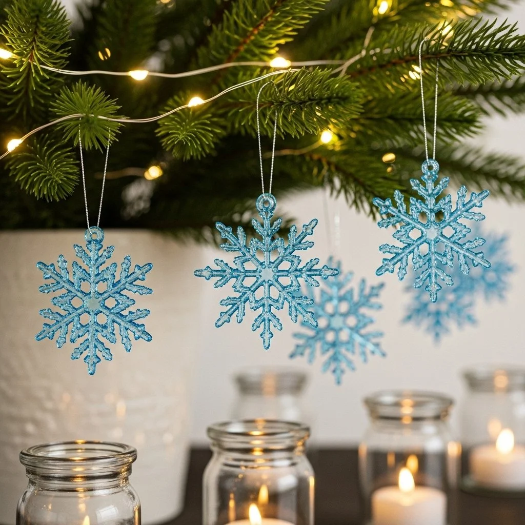 Baking soda snowflake ornaments in winter-themed decorations