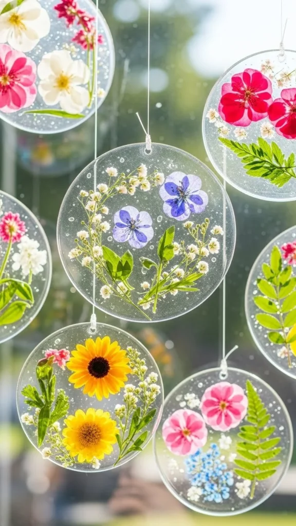 Colorful bioplastic sun catchers hanging in a window, casting light patterns.
