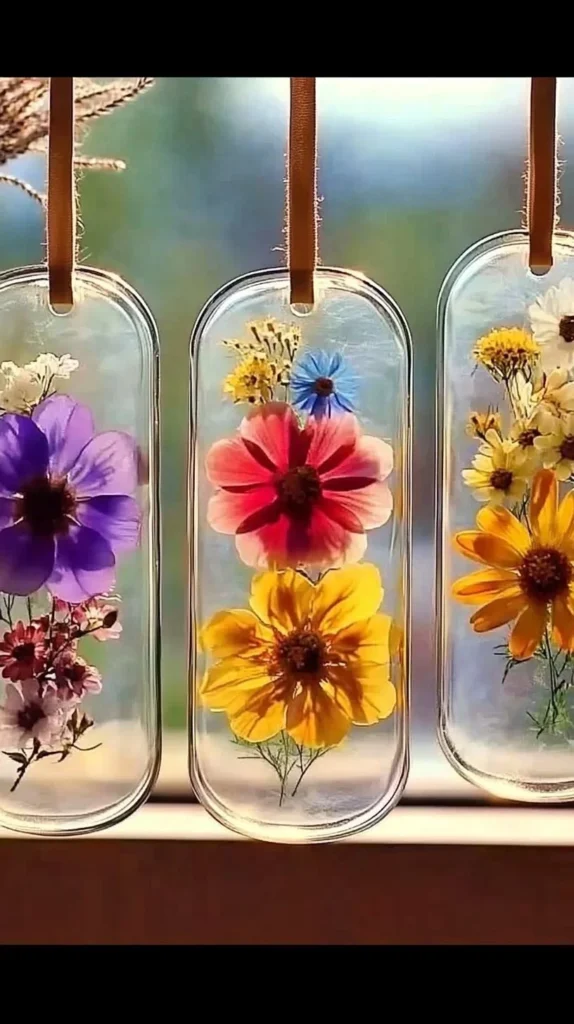 Colorful bioplastic suncatchers hanging in sunlight, showcasing eco-friendly art.