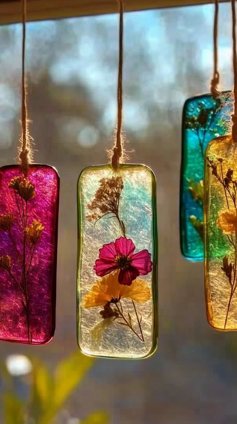 Colorful bioplastic suncatchers reflecting sunlight in a vibrant display