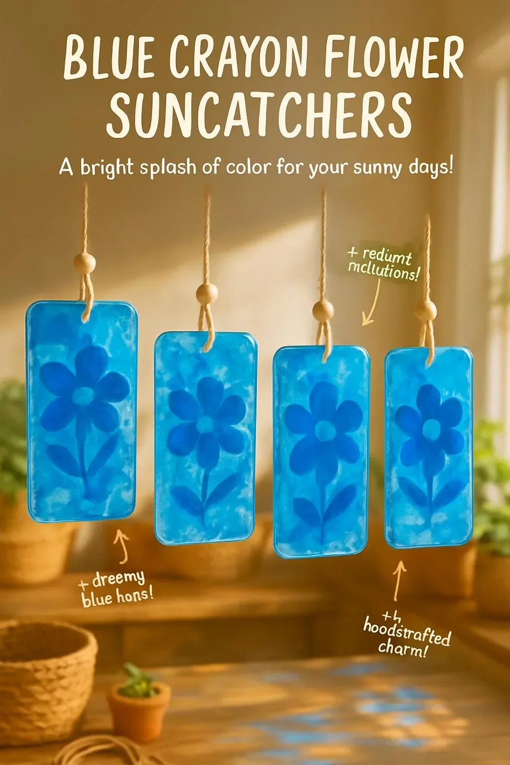 Colorful blue crayon flower suncatchers to brighten your home decor
