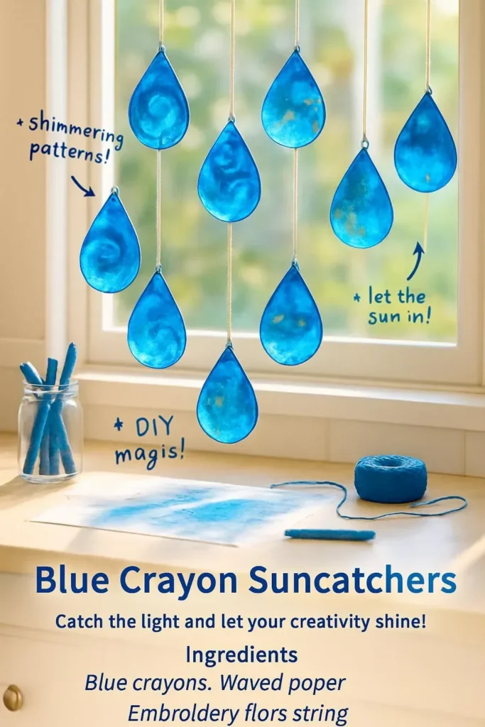 Beautiful blue crayon suncatchers hanging in the window, creating colorful light patterns.