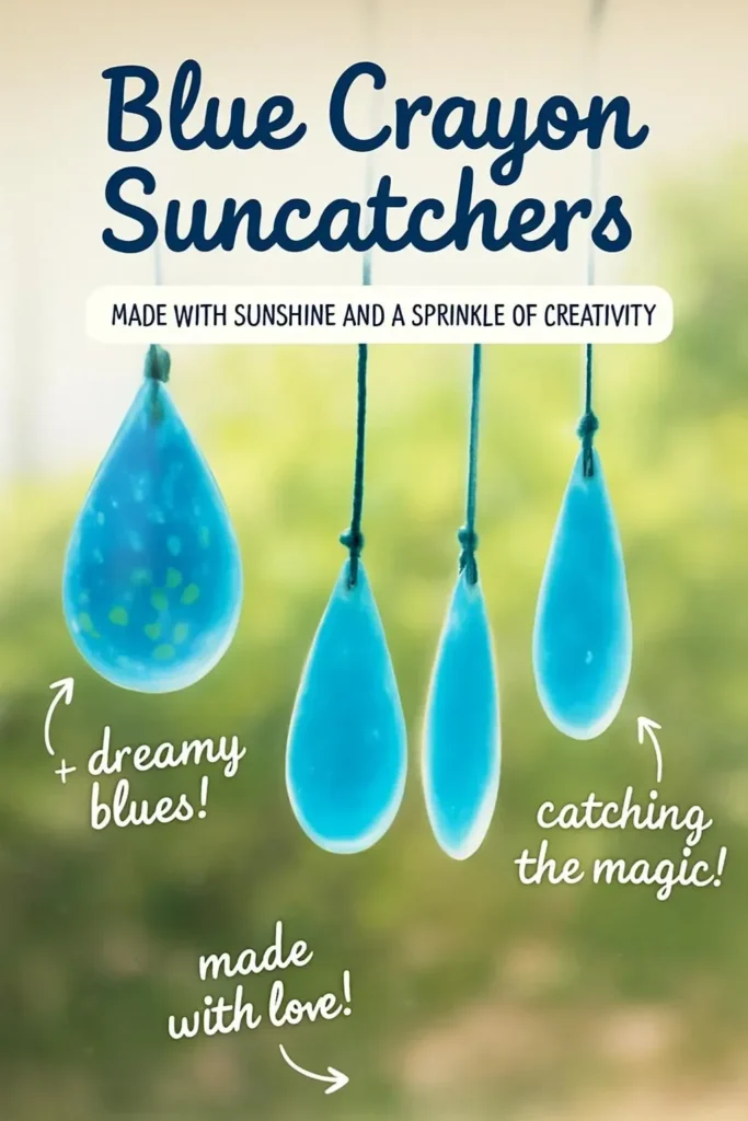 Beautiful blue crayon suncatchers hanging in sunlight