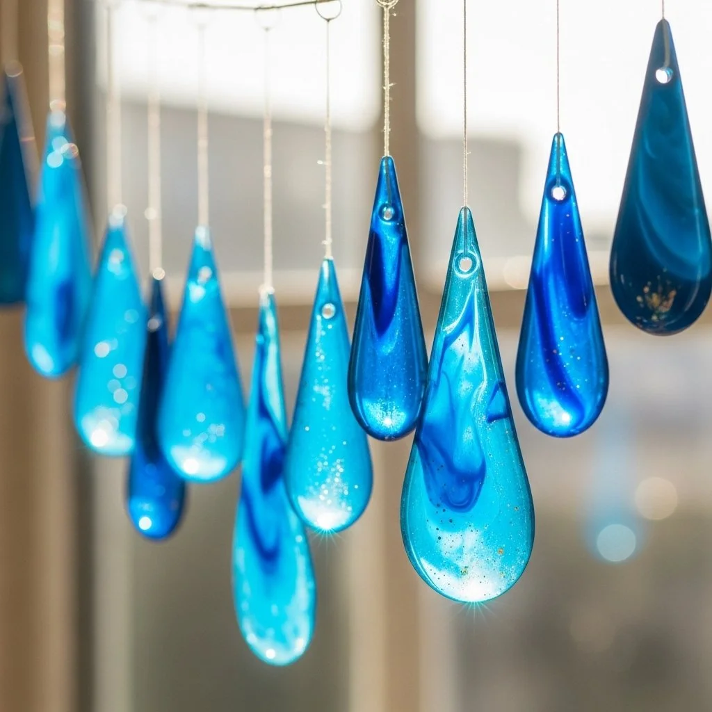 Handmade blue crayon suncatchers beautifully catching sunlight.