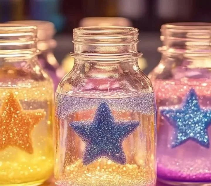 Homemade Borax crystal star ornaments shining brightly