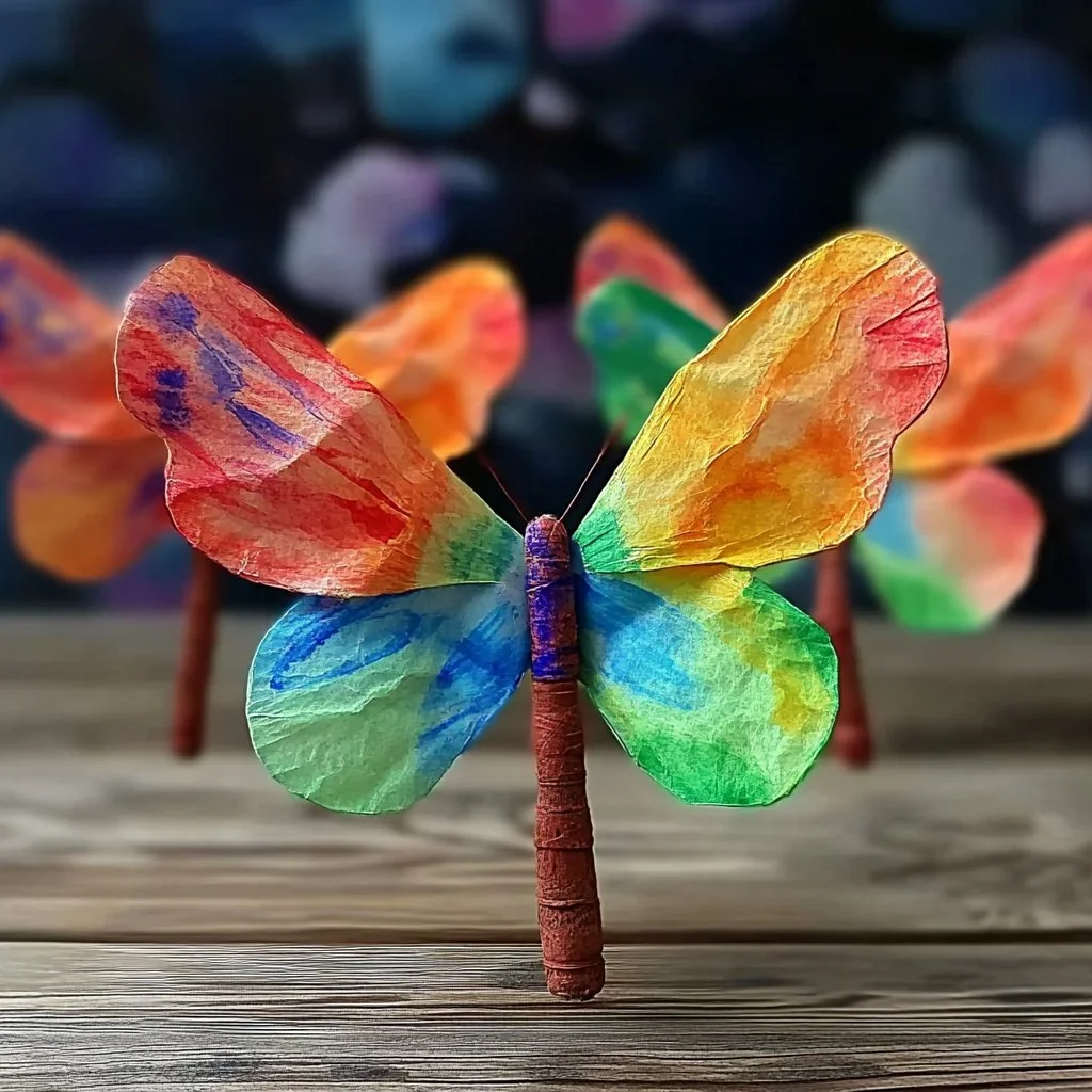 Colorful coffee filter dragonflies hanging to brighten a room