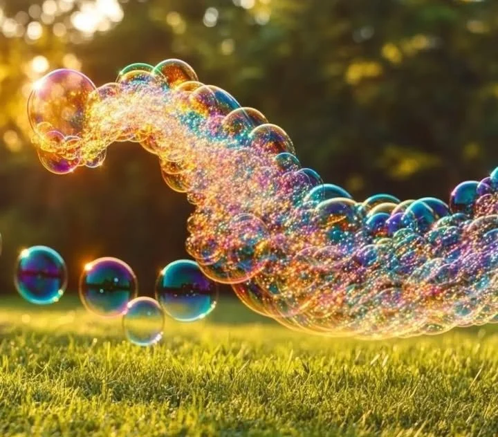 Child using a Bubble Snake Blower to create colorful bubbles in the park.