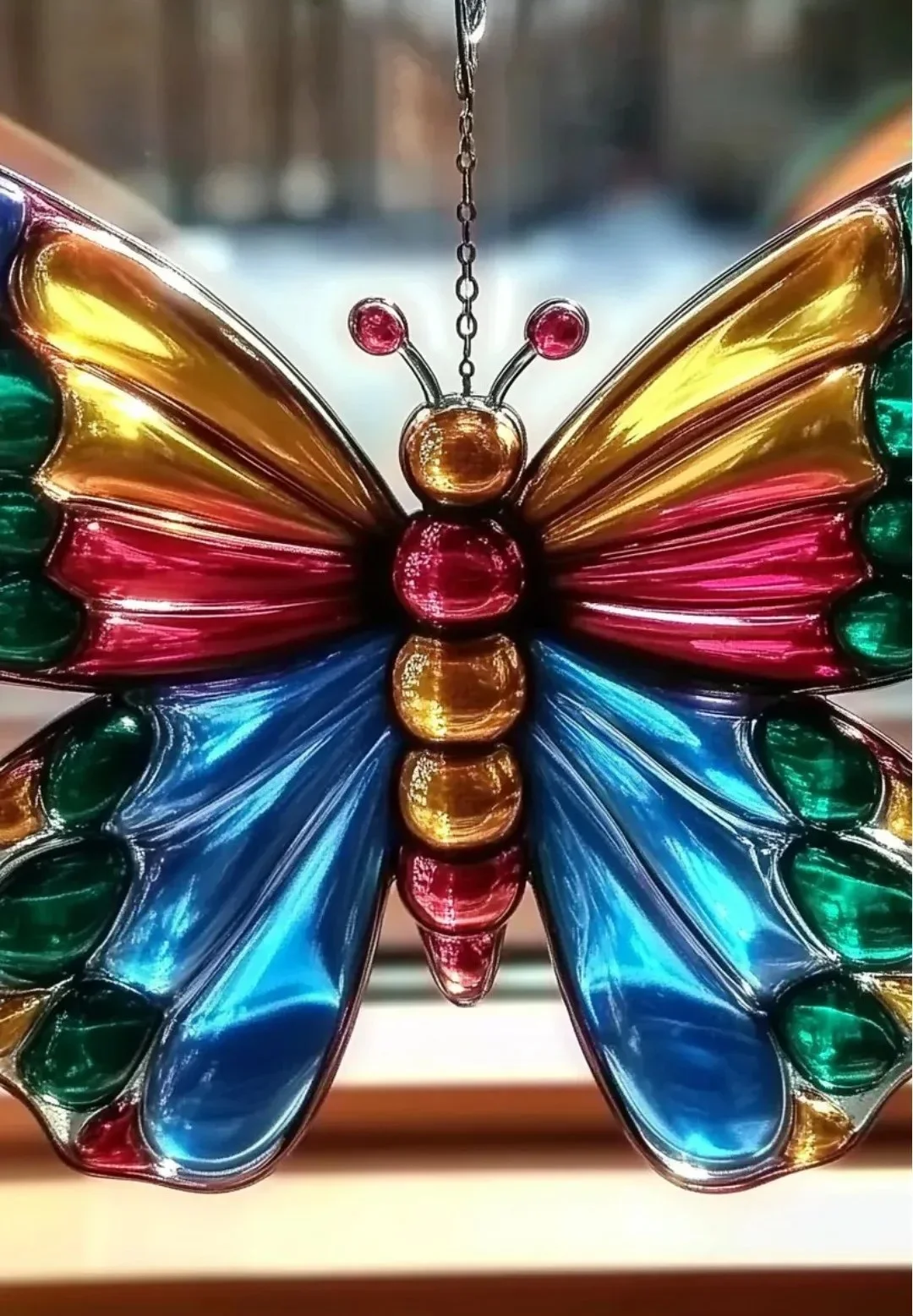 Colorful butterfly suncatchers catching sunlight in a window