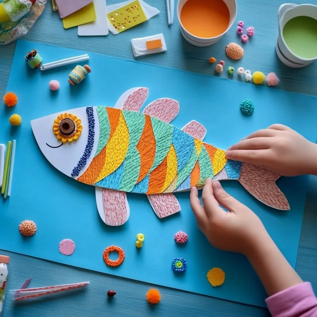 Colorful cardboard craft fish diagram for children to inspire creativity.