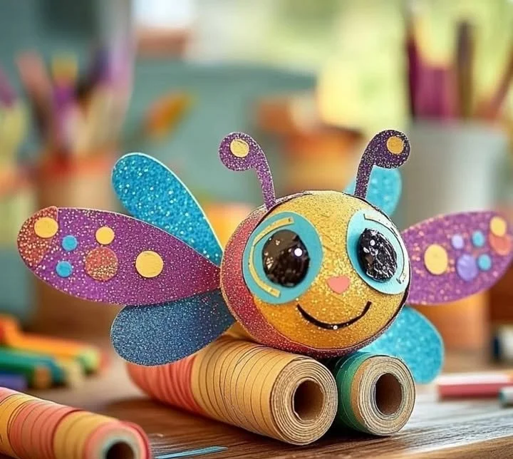 Crafted cardboard tube dragonfly with colorful wings and googly eyes.
