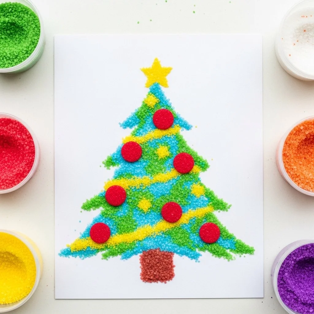 Colorful Christmas salt painting art project featuring festive designs.