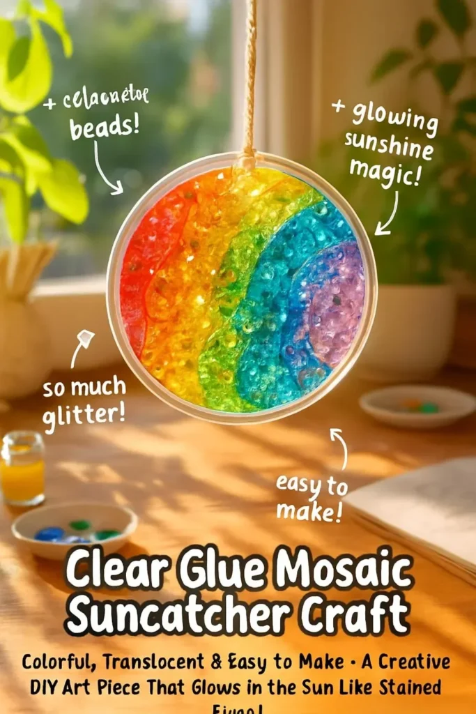 DIY clear glue mosaic suncatcher craft with colorful design