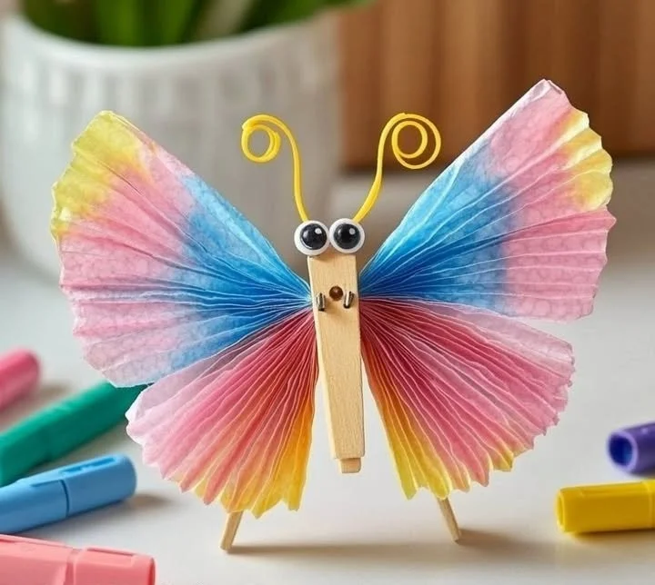 Crafted coffee filter butterflies in vibrant colors for decoration.