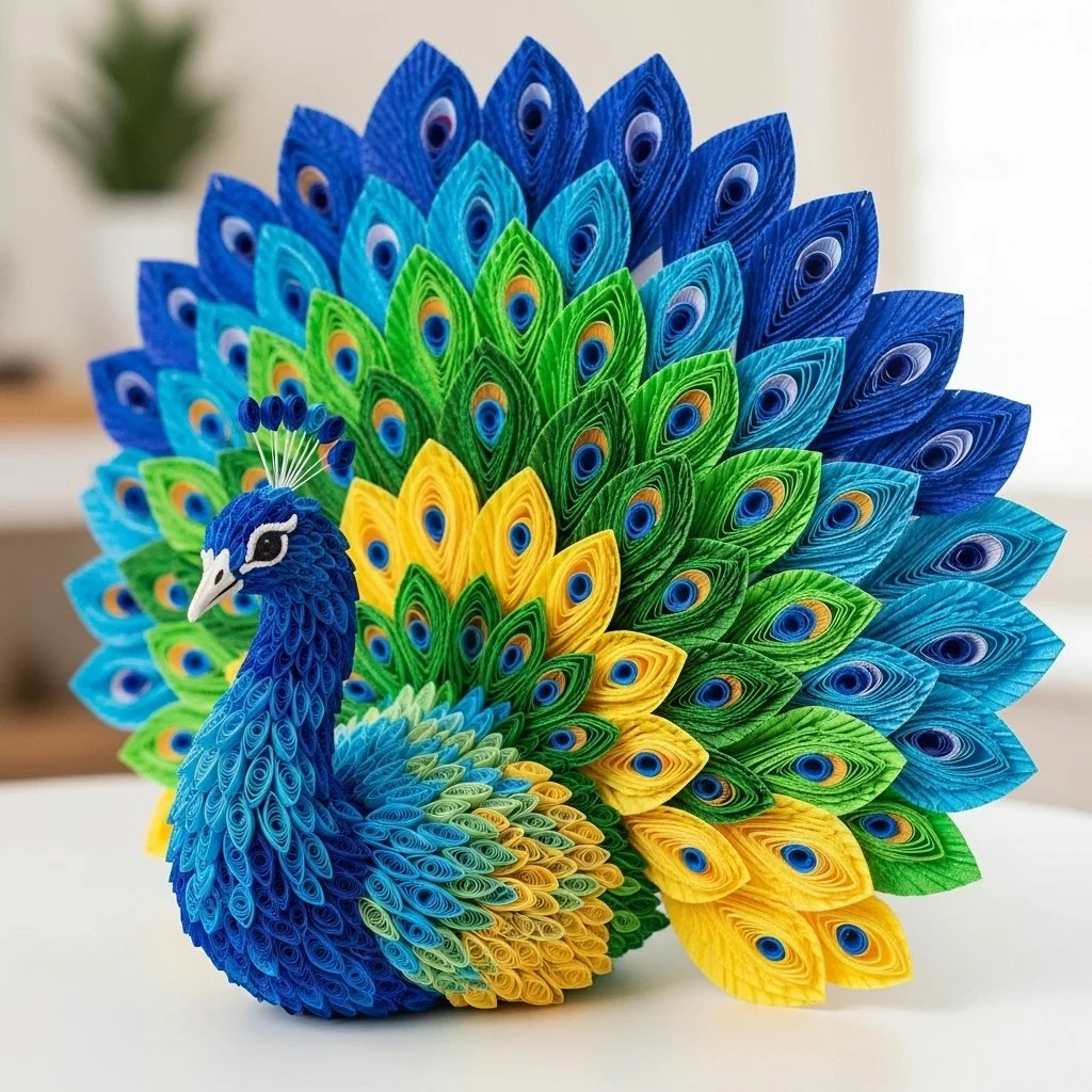 Colorful coffee filter peacock craft made by children using vibrant colors.