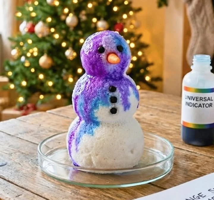 Color-changing snowman showcasing unique chemical reactions during winter activity.