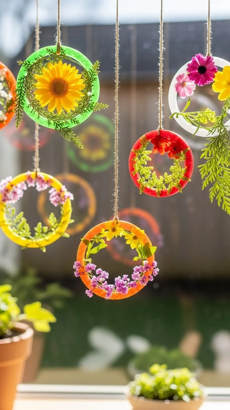 Colorful bioplastic suncatchers hanging in a window, casting rainbow light.