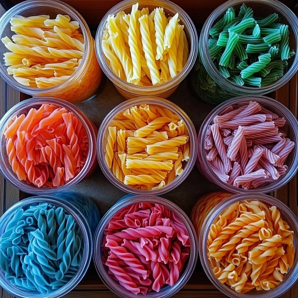 Colorful pasta used in sensory play activity for children