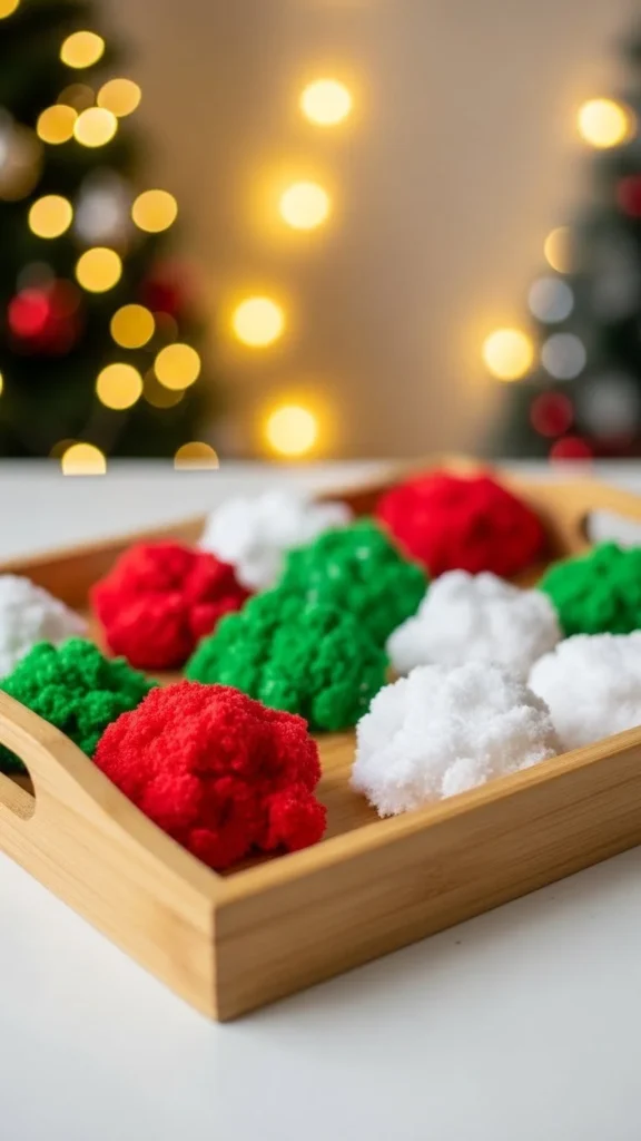 Colorful cornstarch Christmas foam dough for holiday crafts and sensory play