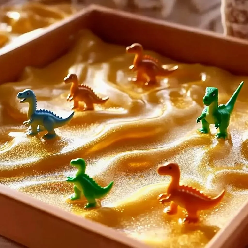 Child playing with cornstarch and oil to create slippery quicksand for a dino dig activity.