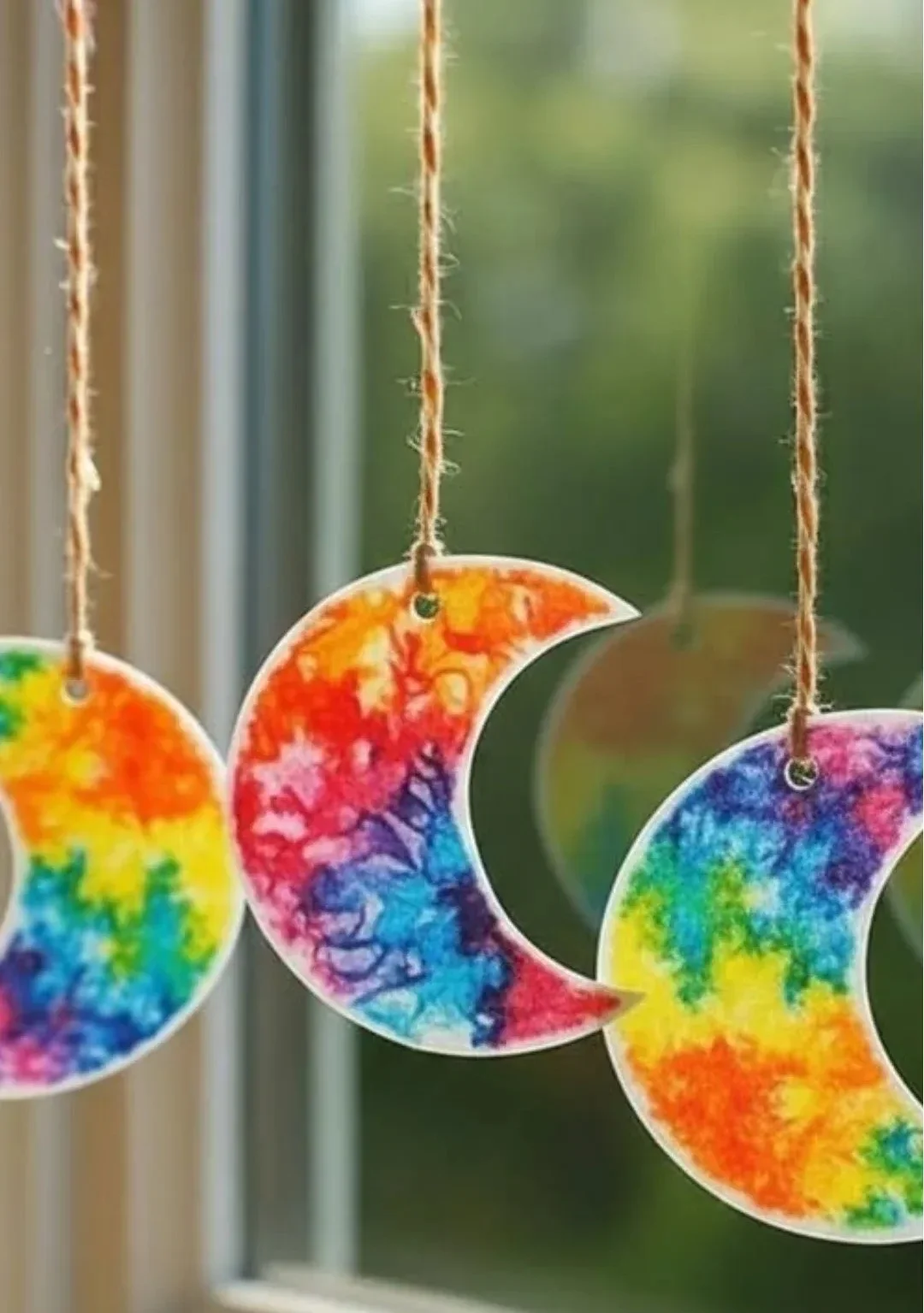 Colorful Crayon MOON sun catchers catching sunlight.