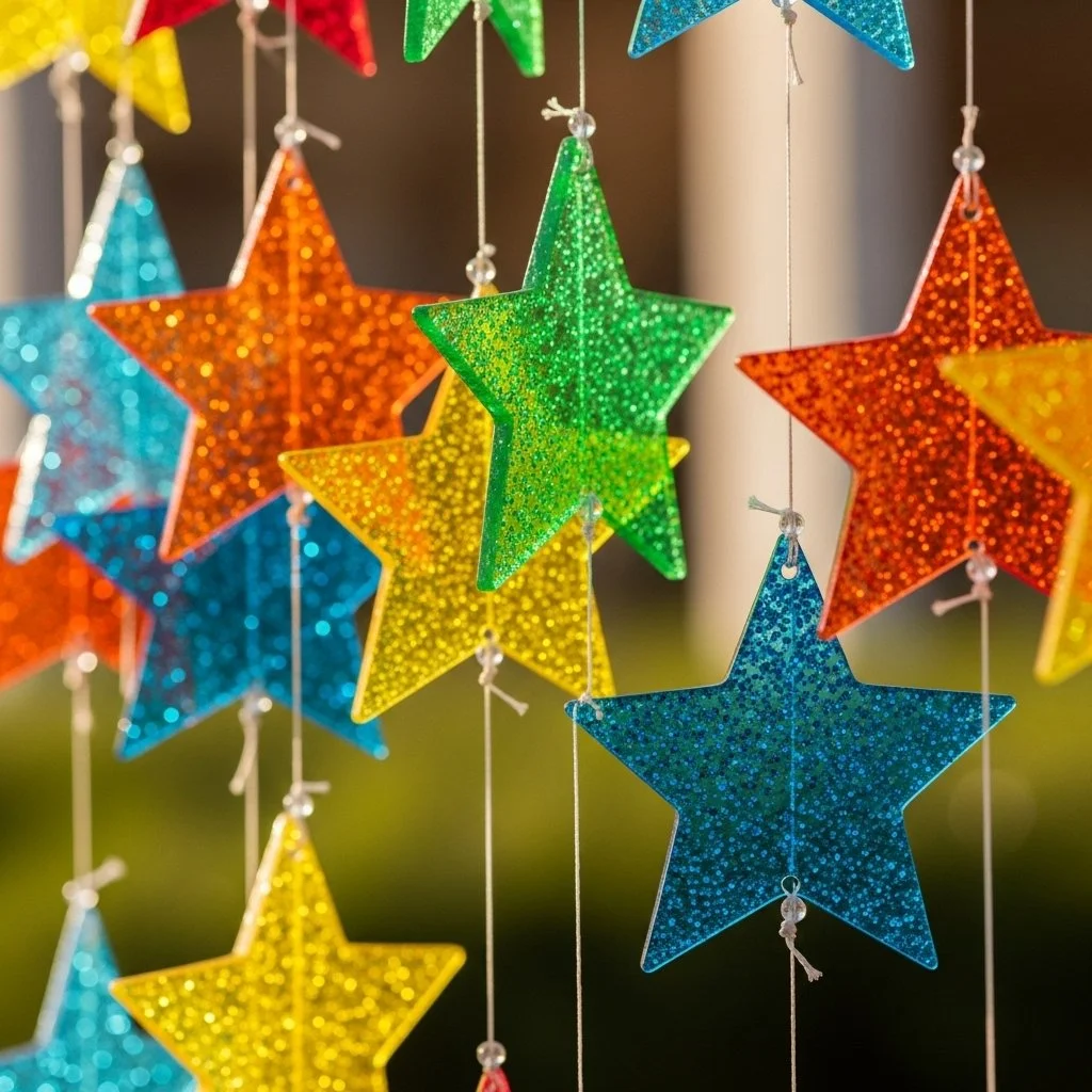 Colorful Crayon Star Sun Catchers hanging in a window