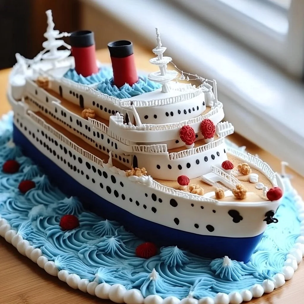 A beautifully crafted cruise ship cake, perfect for themed celebrations