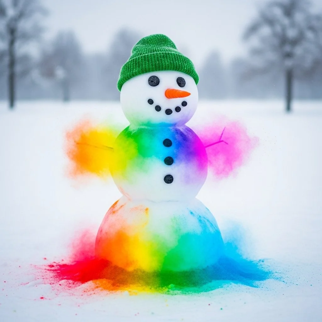 Spray bottles with colorants creating colorful designs on outdoor snow for Christmas fun