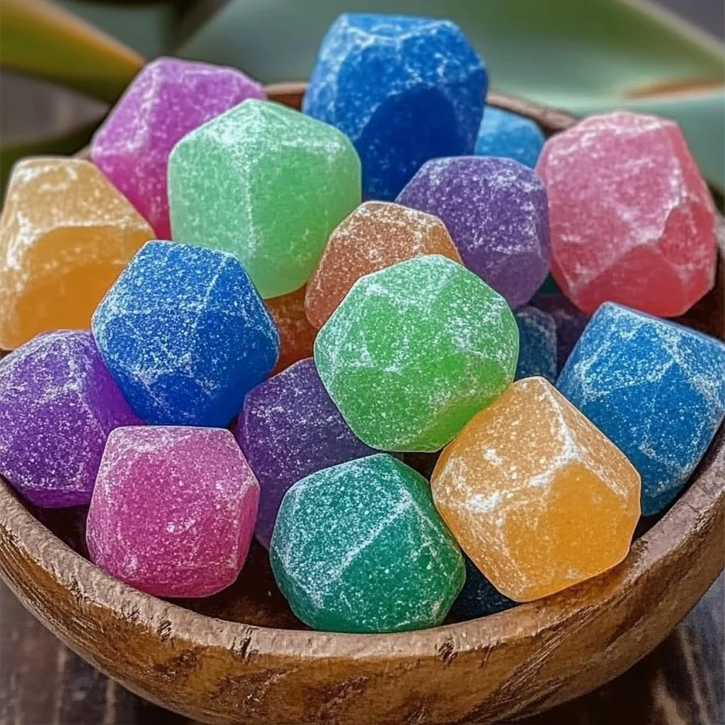 Colorful DIY baking soda stones arranged in a decorative display