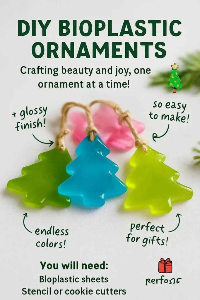 Colorful DIY bioplastic ornaments hanging on a tree for sustainable decor.