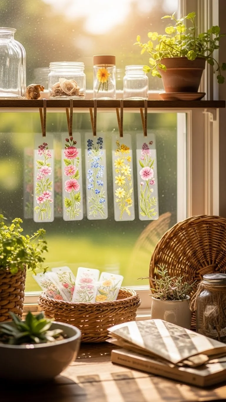 Colorful DIY bioplastic suncatchers hanging in a sunny window