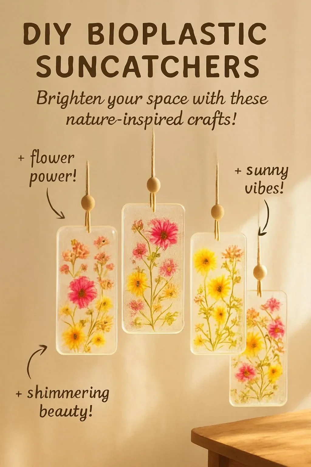 Colorful DIY bioplastic suncatcher hanging in sunlight