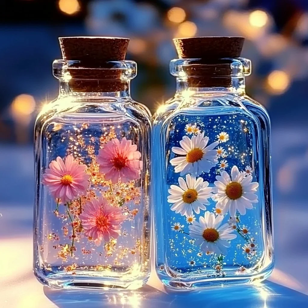 Colorful DIY calming down bottles for relaxation and stress relief.