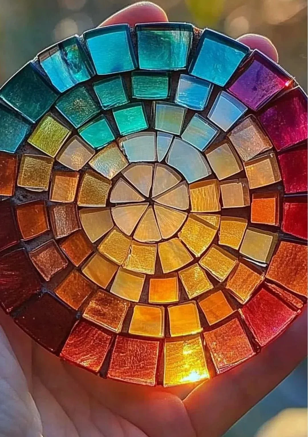 Colorful stained-glass lids in various vibrant designs showcased in a DIY project.