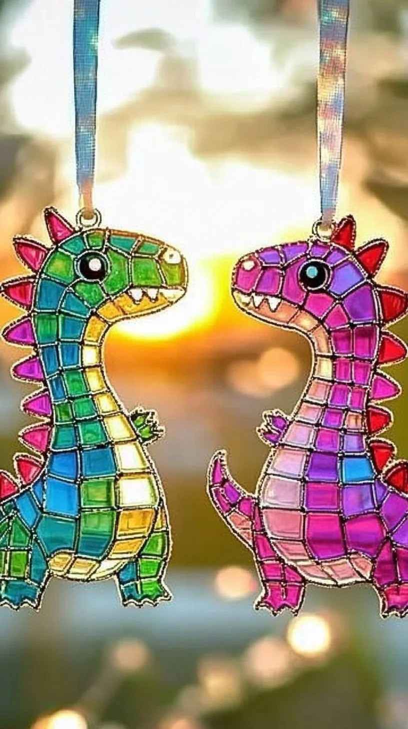 DIY colorful dinosaur suncatchers hanging in a window