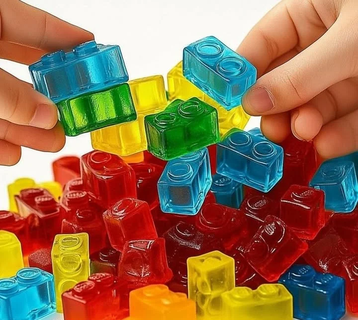 Homemade edible LEGO bricks in colorful designs, perfect for fun treats.