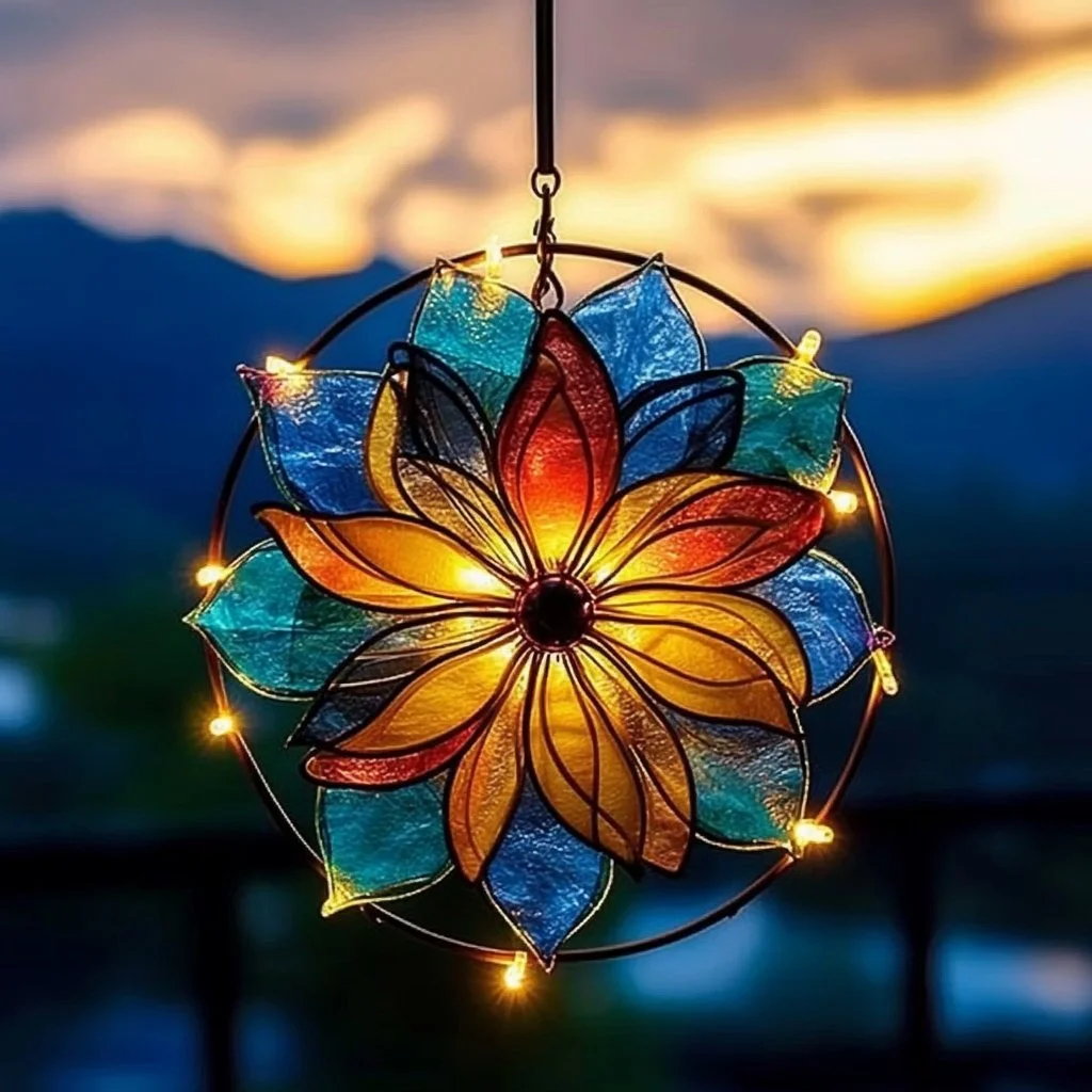 Colorful DIY firework suncatcher hanging in sunlight