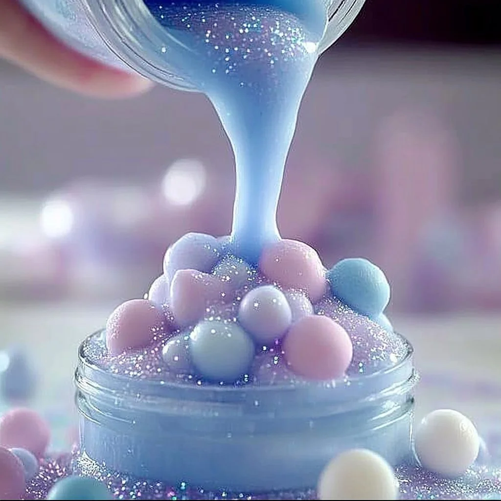 Colorful DIY fizzing slime with bubbly texture in a clear container