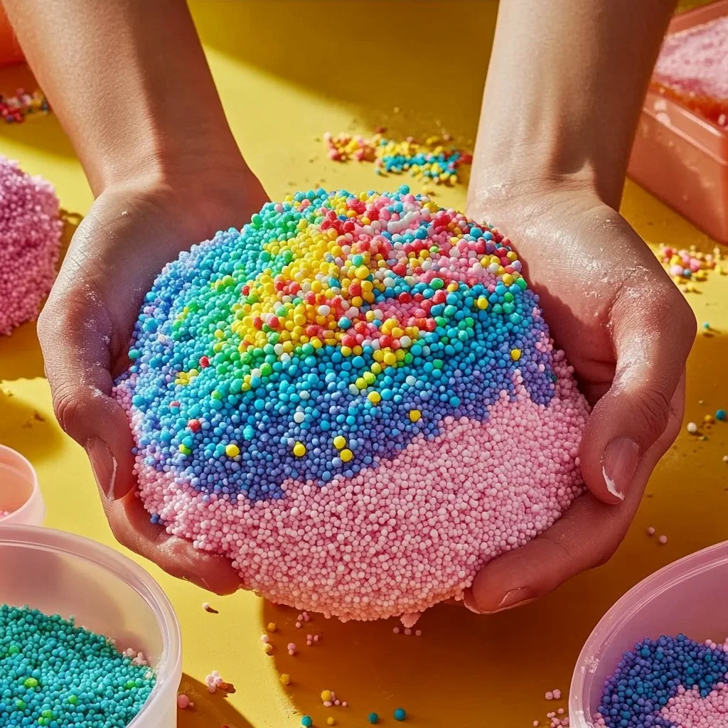 A colorful bowl of DIY floam made with simple ingredients.