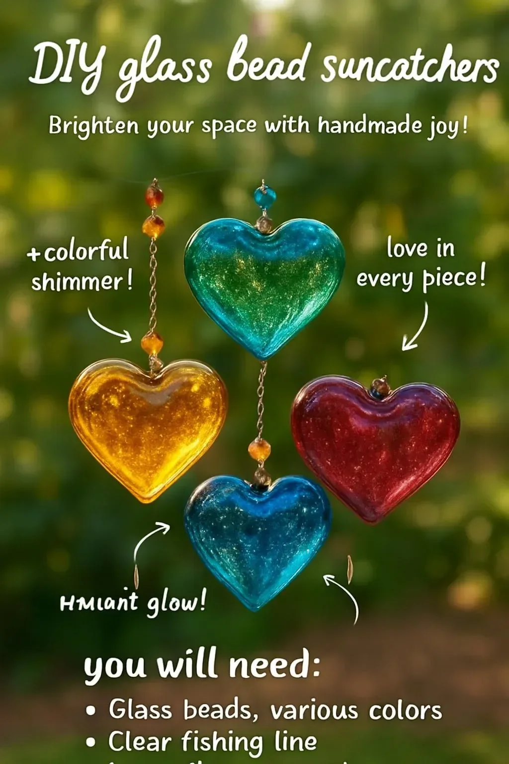 Colorful DIY glass bead suncatchers hanging in sunlight.