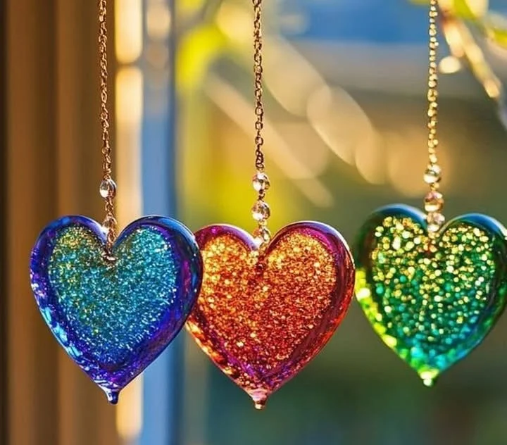 Vibrant DIY glass bead suncatchers hanging in sunlight, creating colorful reflections.