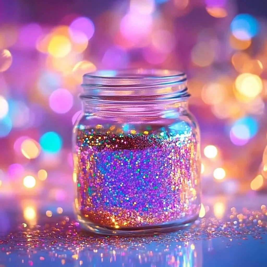 A colorful DIY glitter jar, also known as a calm down jar, sparkles in sunlight.