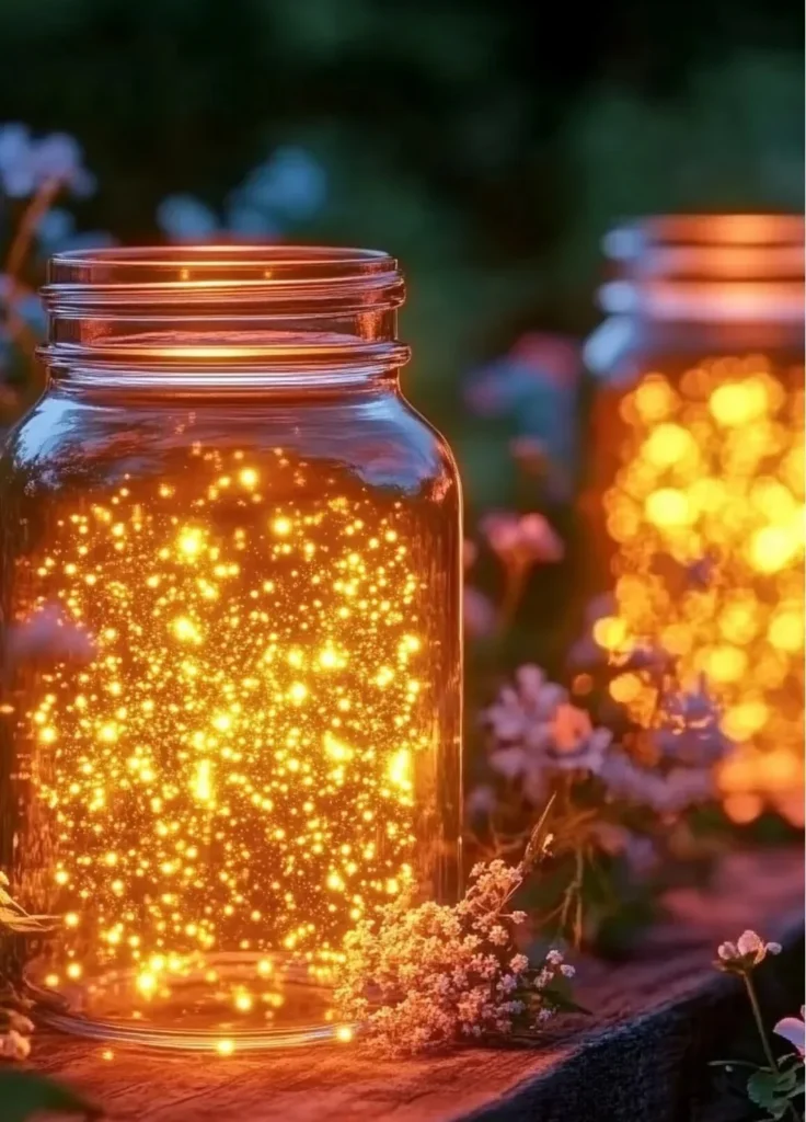 DIY Glow Firefly Jars glowing softly at night for magical home decor
