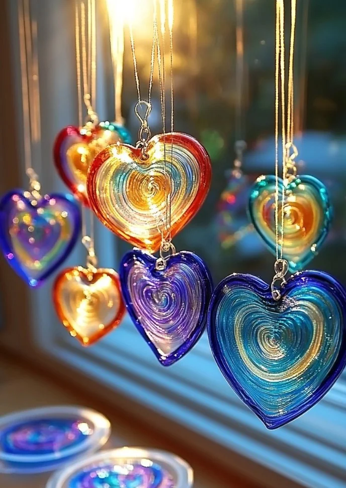 Colorful DIY glue suncatchers hanging in a window