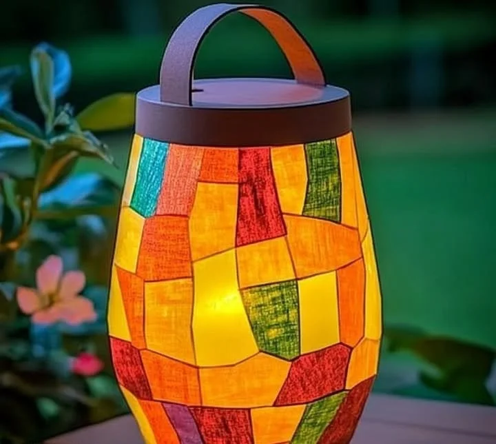 Colorful DIY kids lantern craft made from recycled materials.