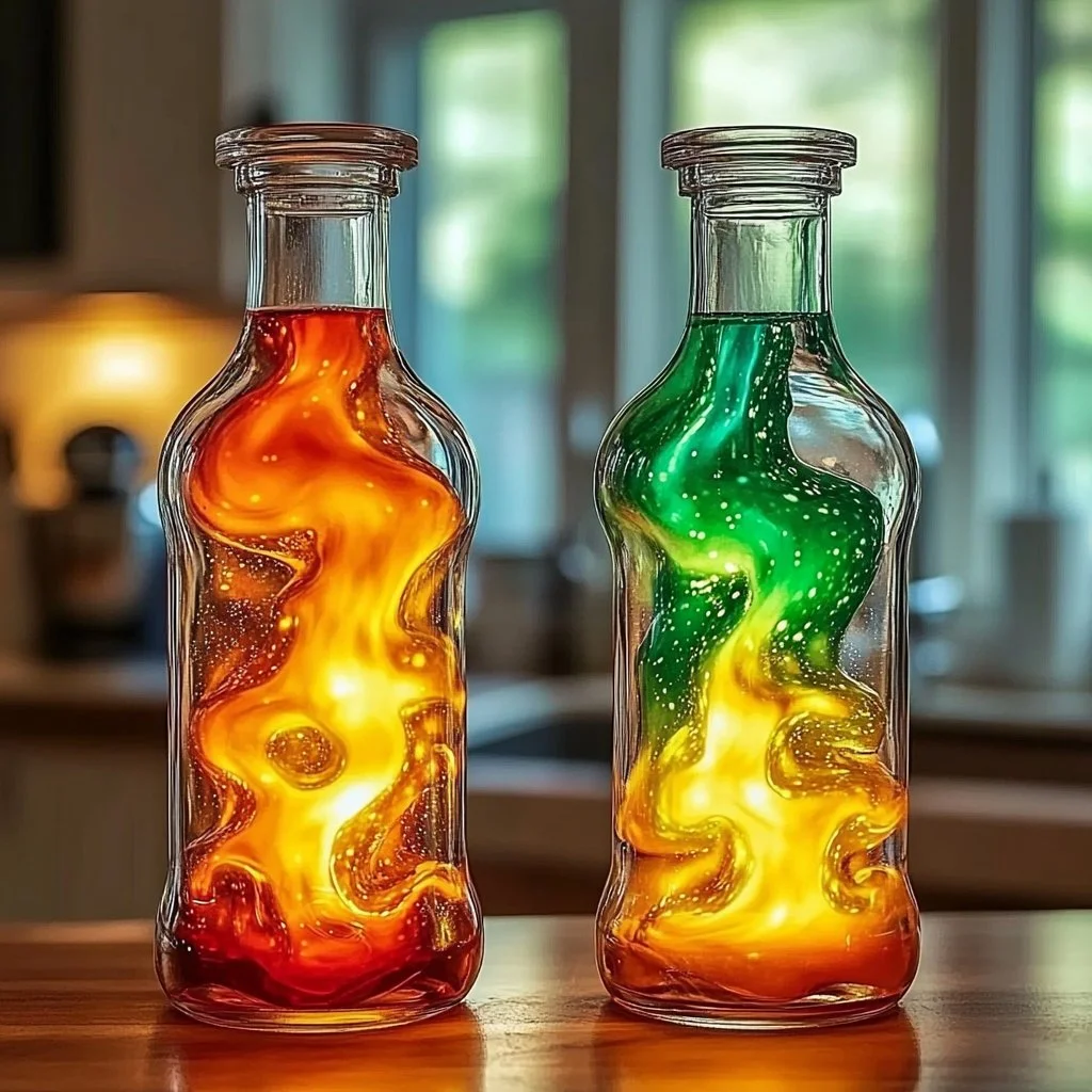 A colorful DIY lava lamp glowing with vibrant bubbles and wax movement.