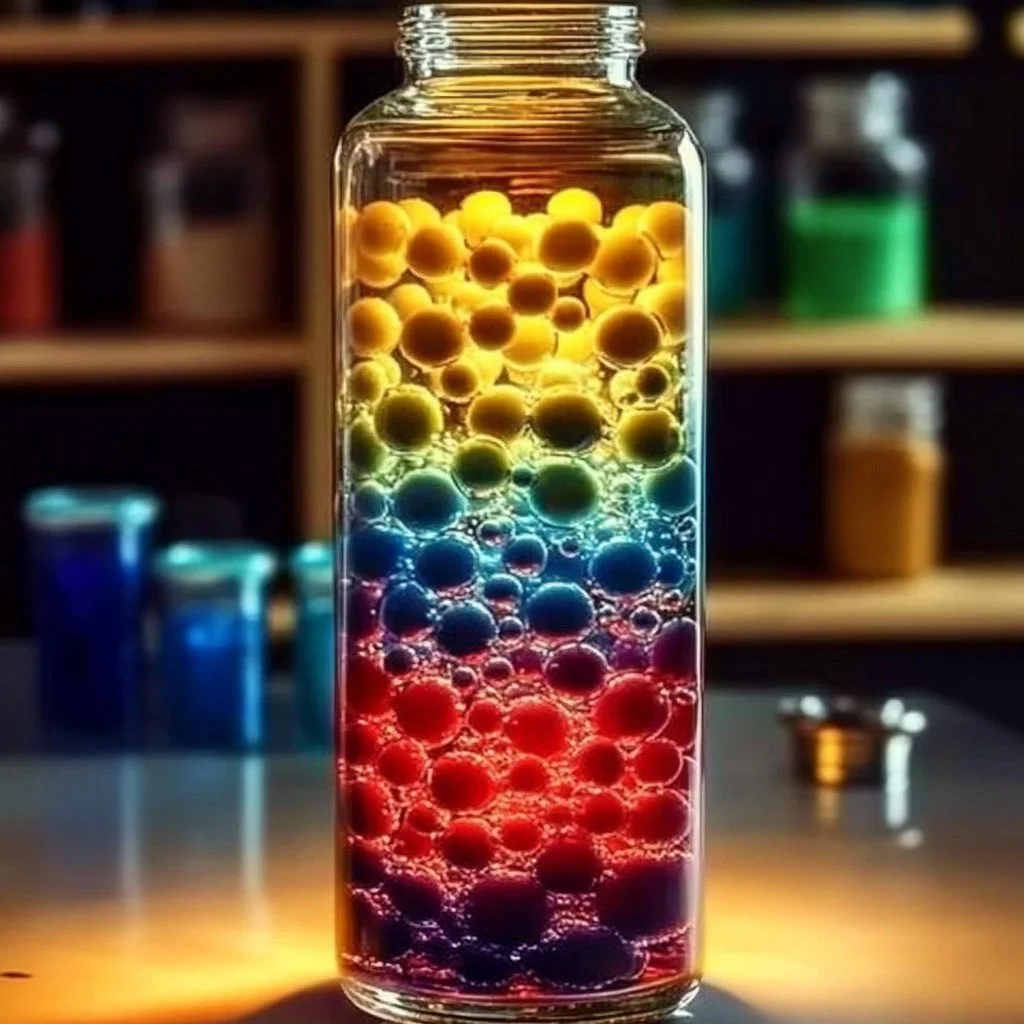 DIY lava lamp project with colorful liquid and bubbles in a container.