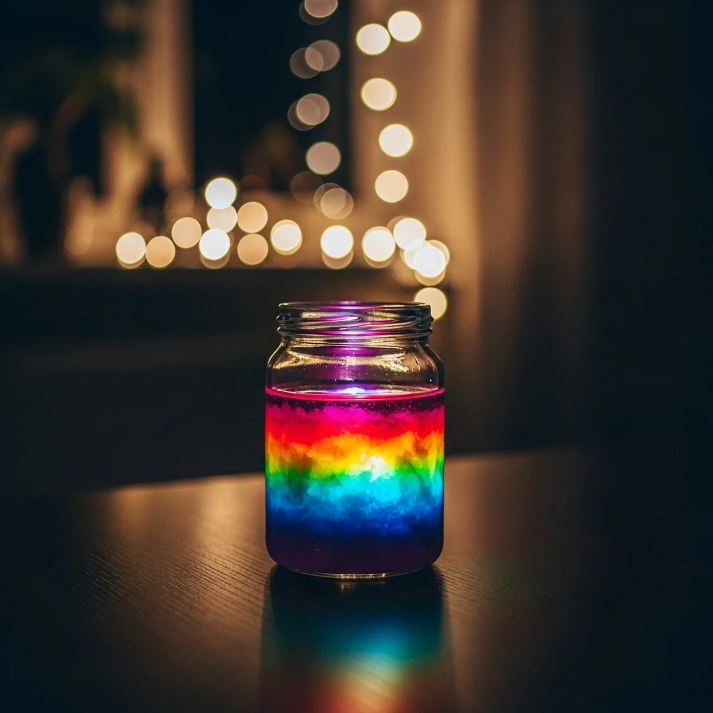 Colorful DIY layered liquid art jar with vibrant liquids and decorative elements