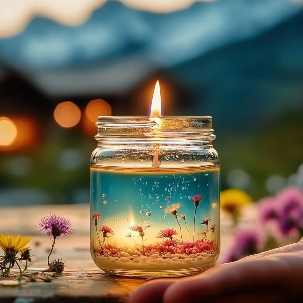 DIY magic water candle tutorial with vibrant colors and floating effects