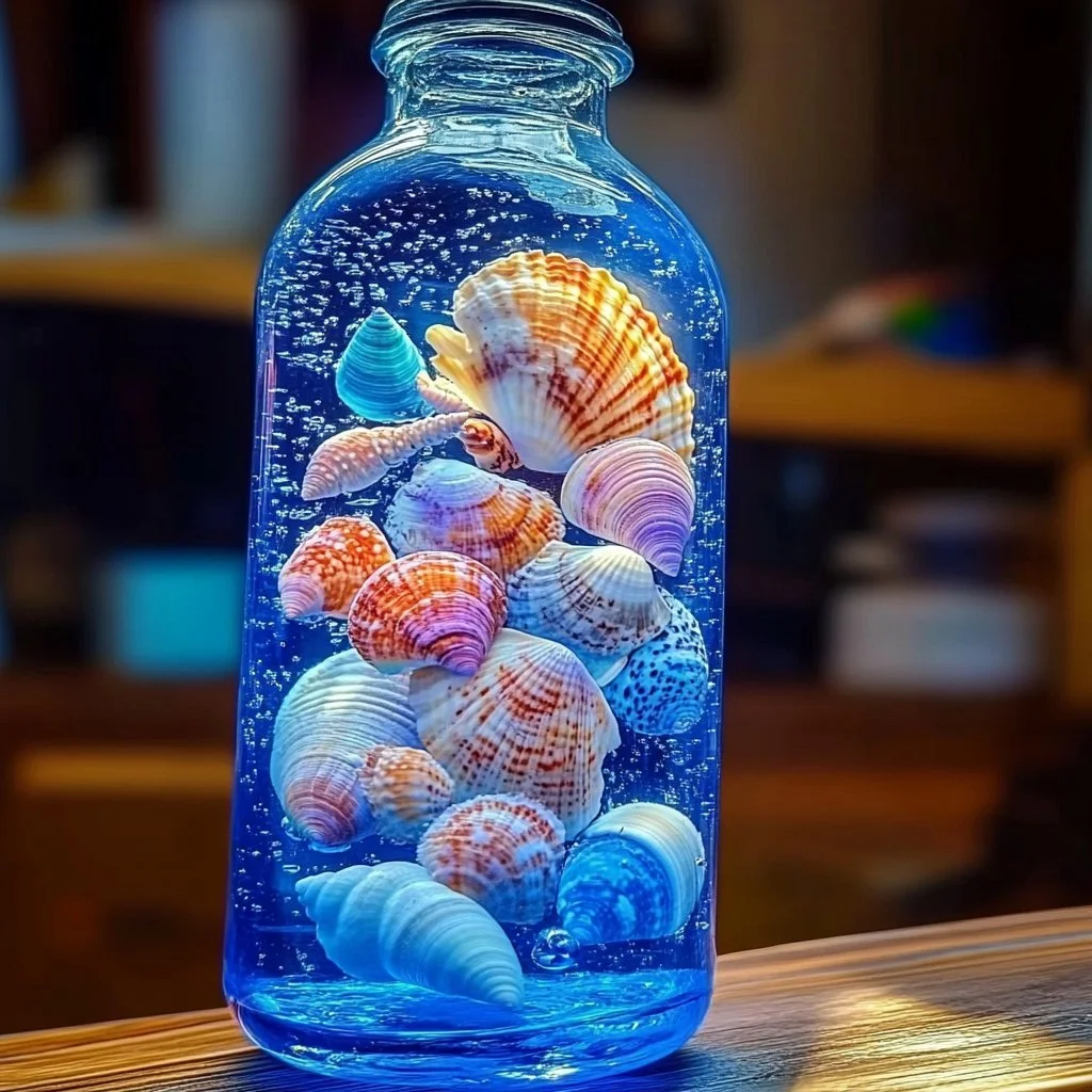 DIY ocean sensory bottle filled with ocean-themed decorations and liquid.