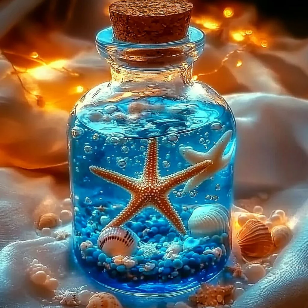 DIY ocean sensory bottle filled with water, glitter, and colorful ocean-themed decorations.